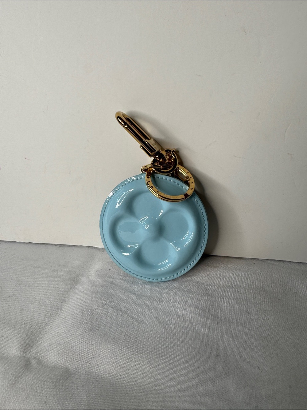 Louis Vuitton Light Blue and Gold Round Charm Keyring